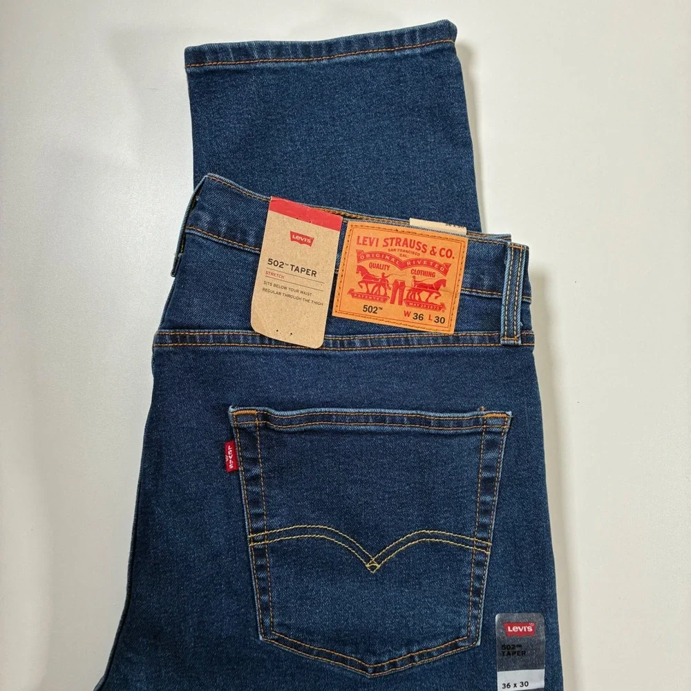 NEW Levi's 502 Taper Jeans 38x30 Blue Stretch Dark Wash Denim (Tag 36x30)
